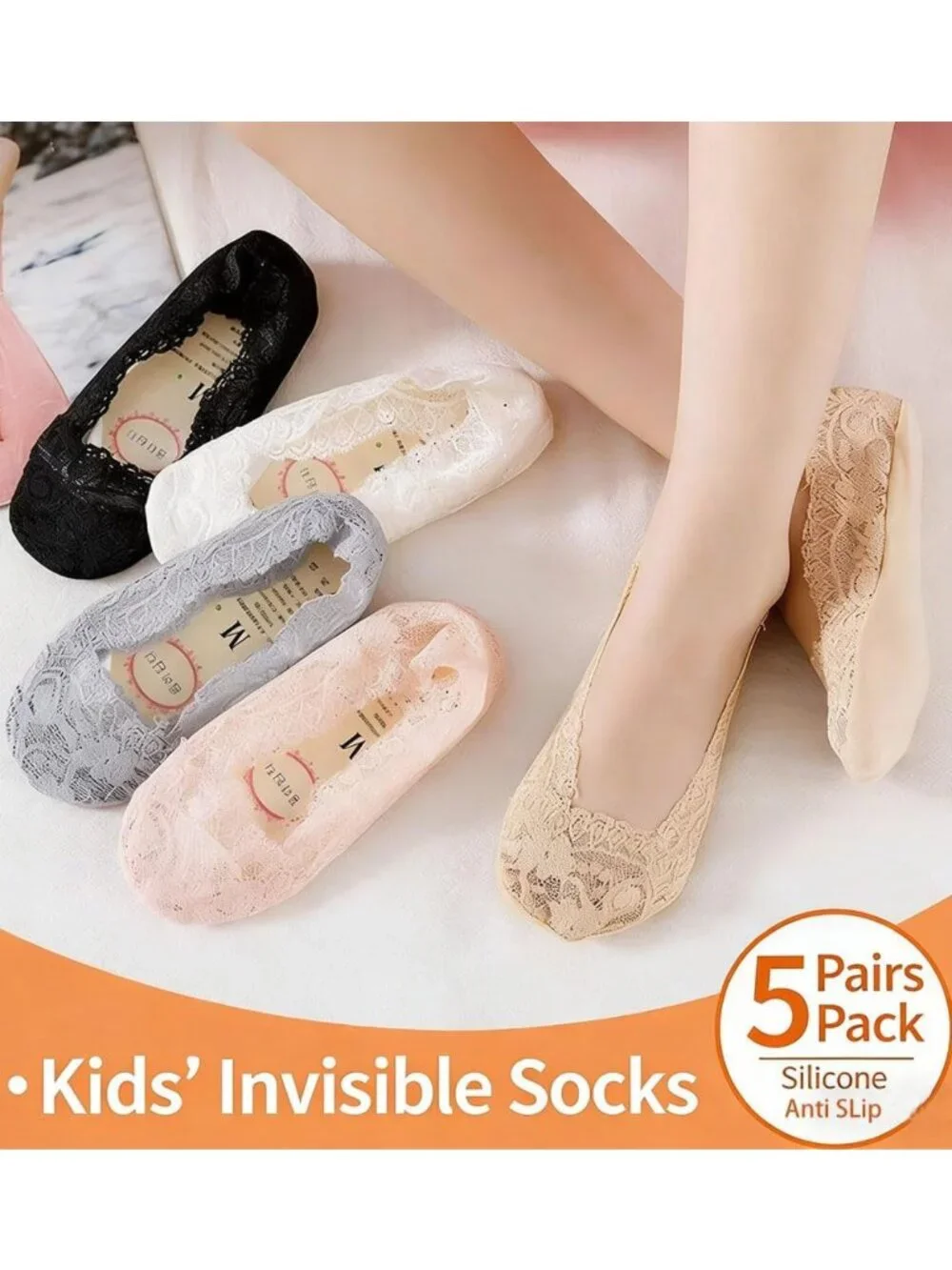 5 Pairs Toddler Girls Lace No Show Socks - Anti-Slip Low Cut Cotton Liners